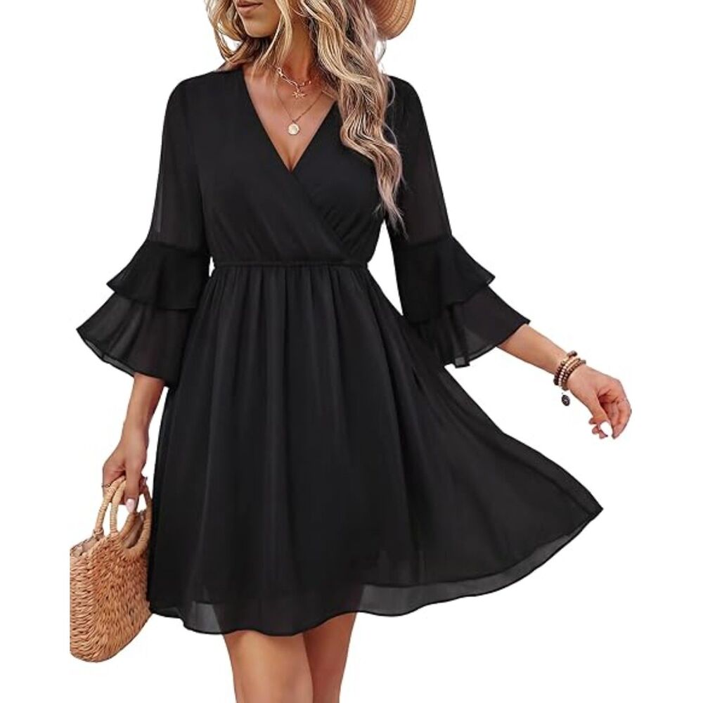 Women's Black V Neck A Line 3/4 Ruffle Sleeve A Line Mini Dress